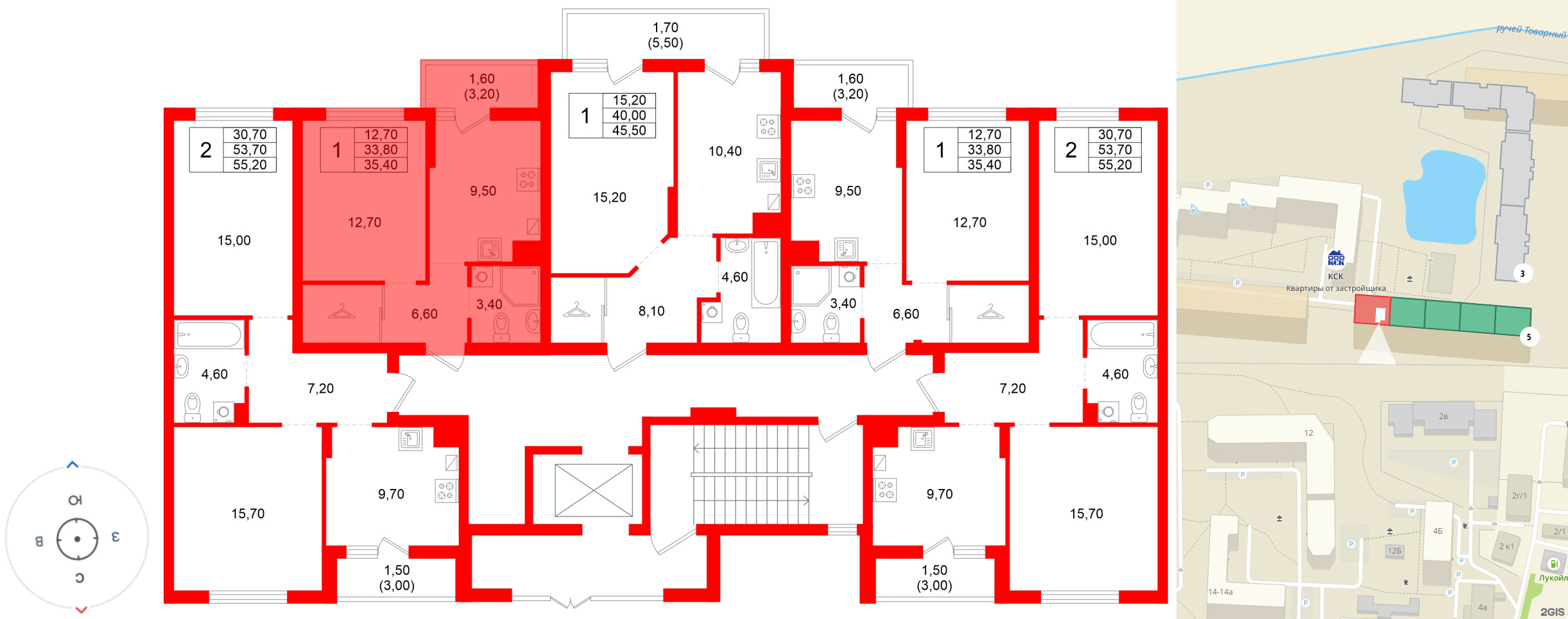 Квартира в ЖК Левада, 1 комнатная, 33.8 м², 1 этаж