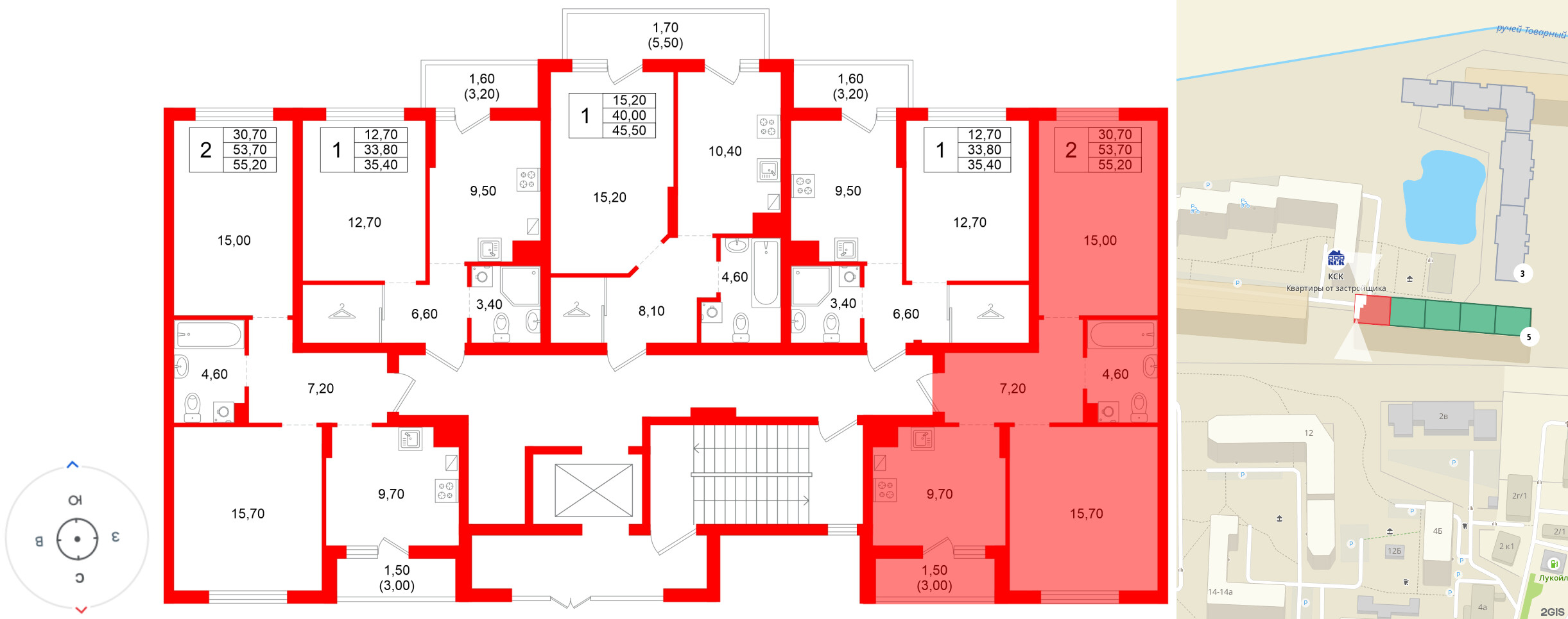 Квартира в ЖК Левада, 2 комнатная, 53.7 м², 1 этаж