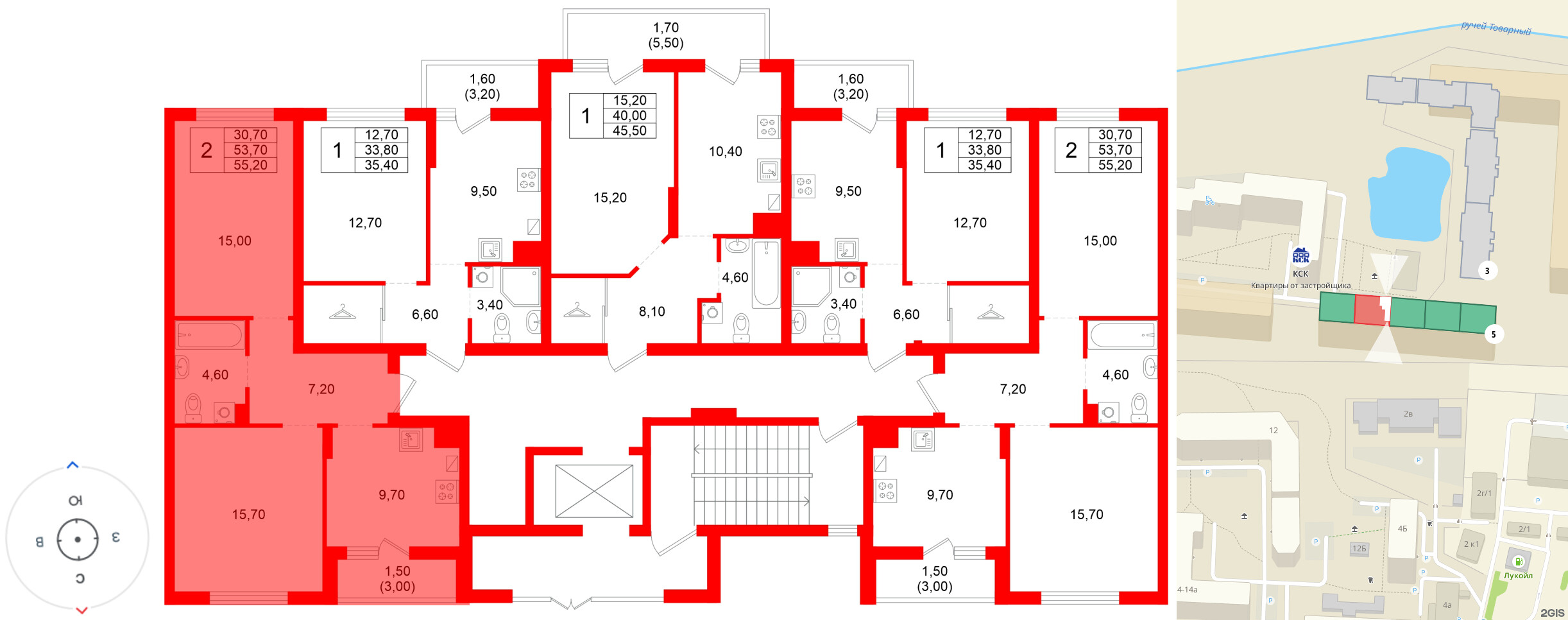 Квартира в ЖК Левада, 2 комнатная, 53.7 м², 1 этаж
