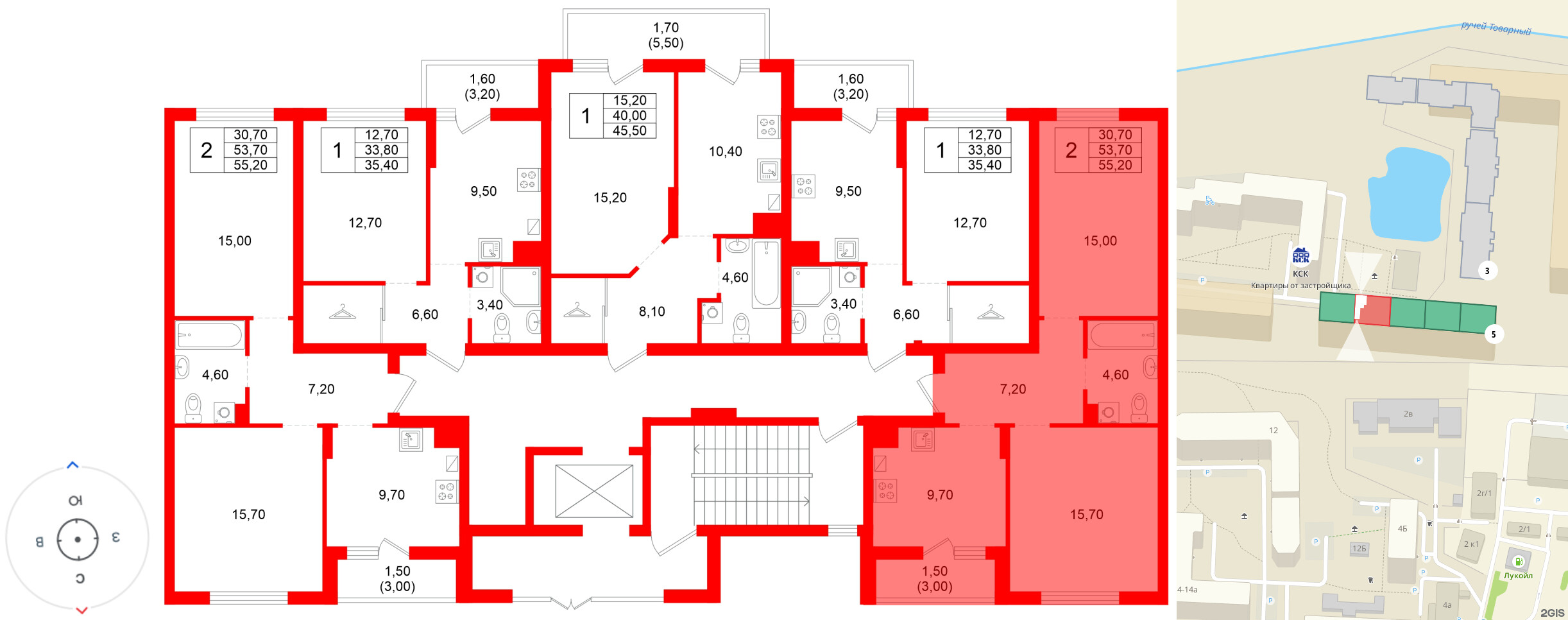 Квартира в ЖК Левада, 2 комнатная, 53.7 м², 1 этаж