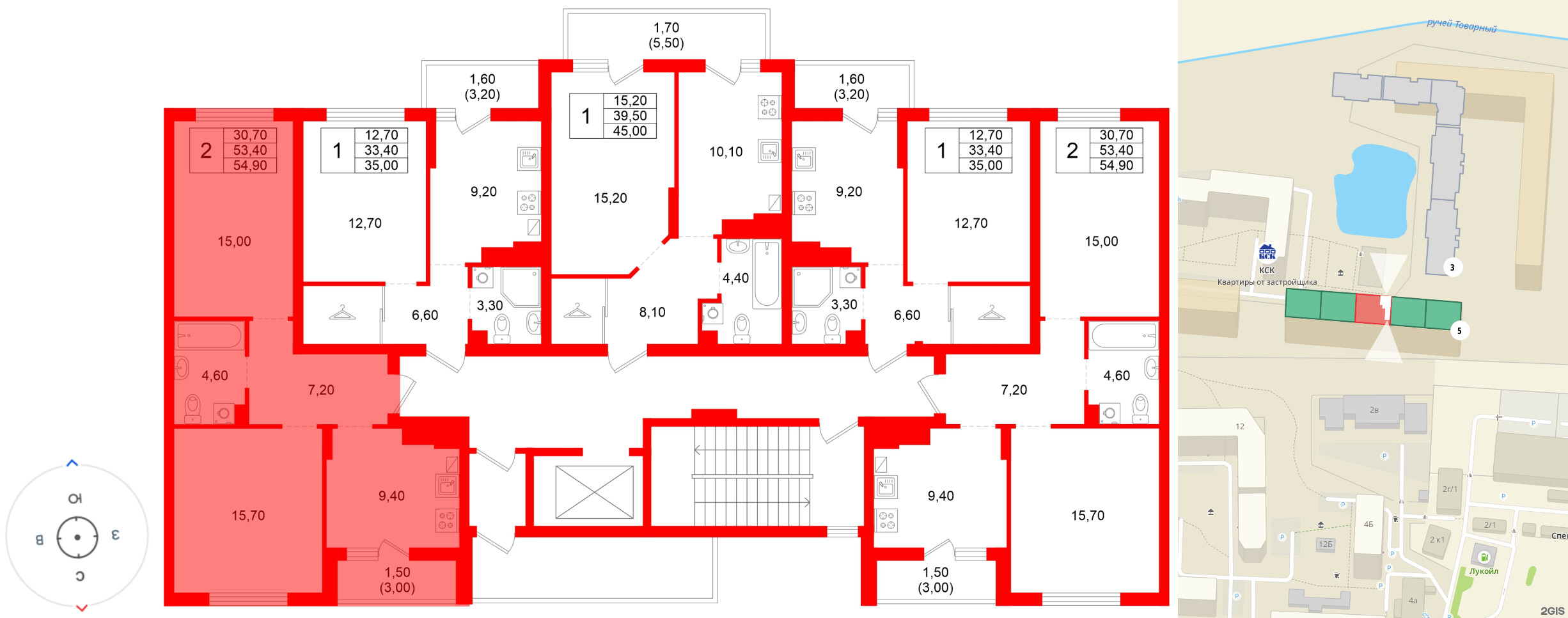 Квартира в ЖК Левада, 2 комнатная, 53.4 м², 7 этаж
