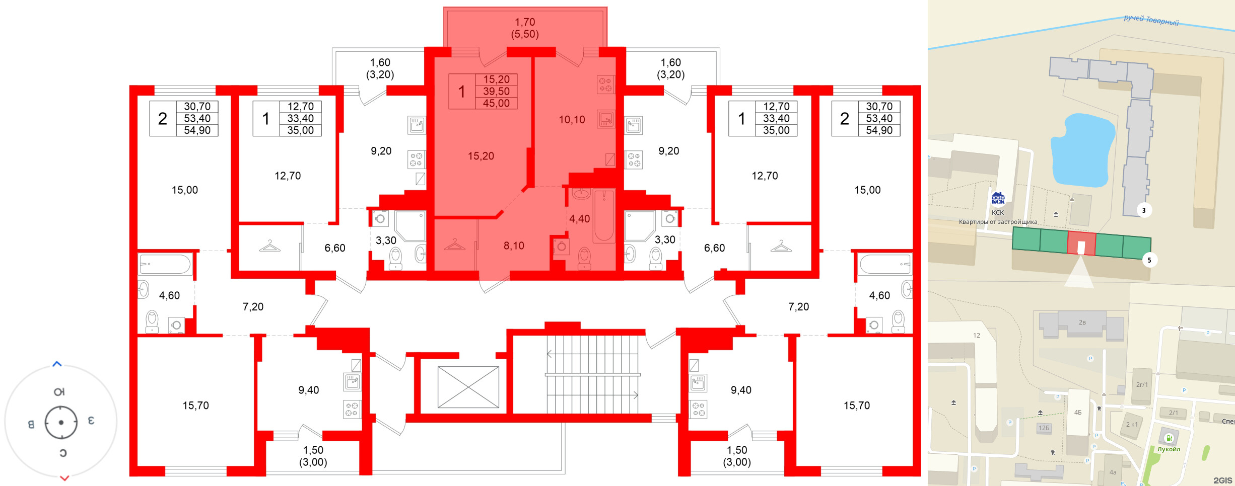 Квартира в ЖК Левада, 1 комнатная, 39.5 м², 3 этаж