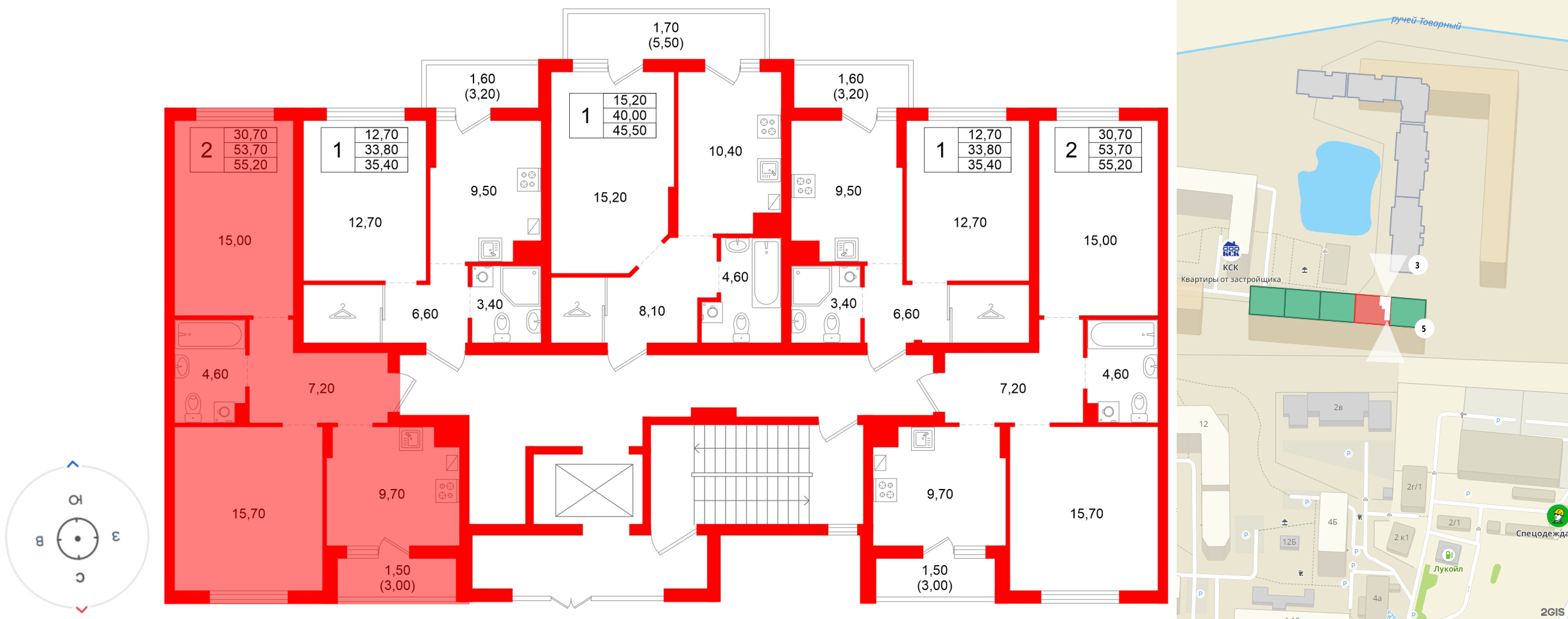 Квартира в ЖК Левада, 2 комнатная, 53.7 м², 1 этаж