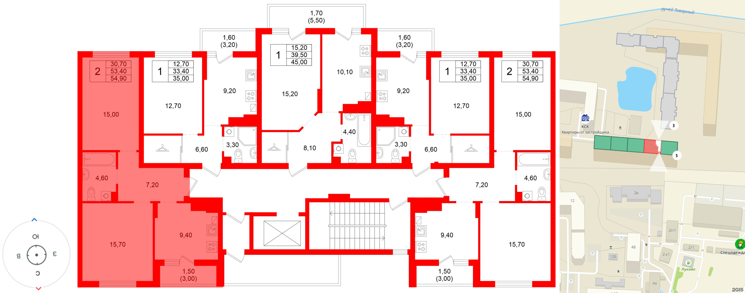 Квартира в ЖК Левада, 2 комнатная, 53.4 м², 9 этаж