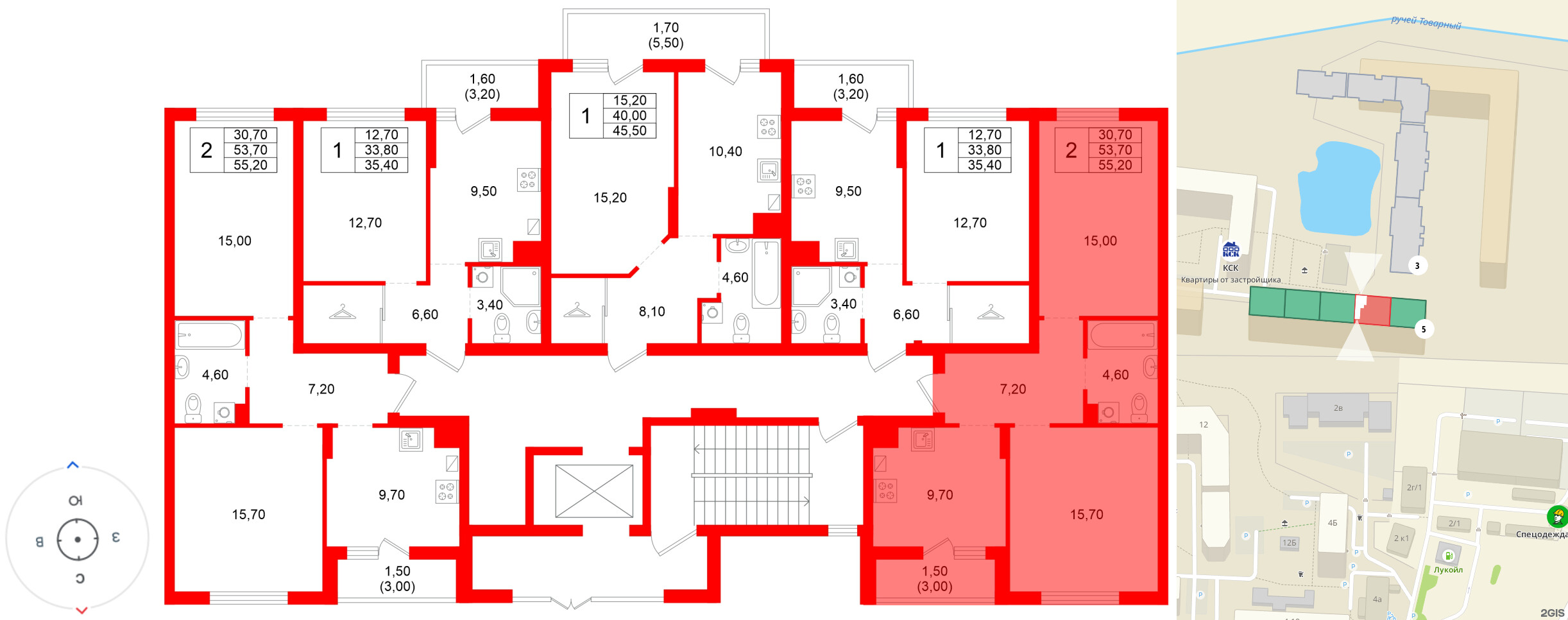 Квартира в ЖК Левада, 2 комнатная, 53.7 м², 1 этаж
