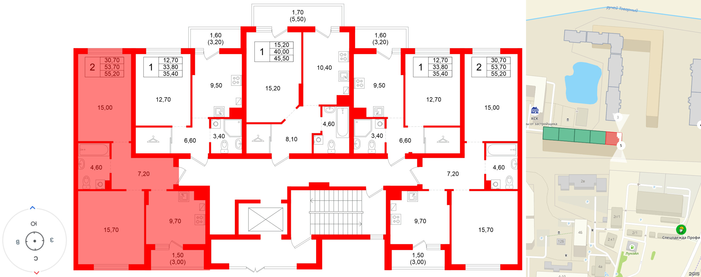 Квартира в ЖК Левада, 2 комнатная, 53.7 м², 1 этаж