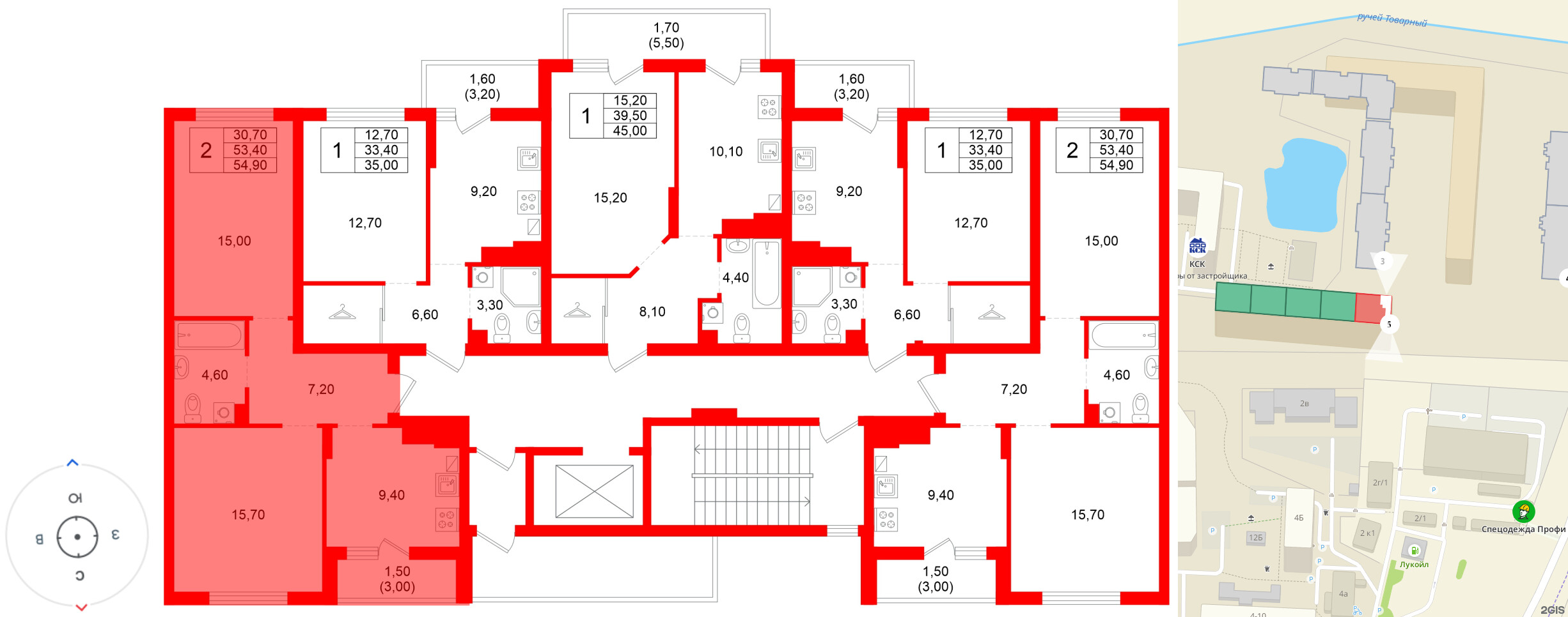 Квартира в ЖК Левада, 2 комнатная, 53.4 м², 2 этаж