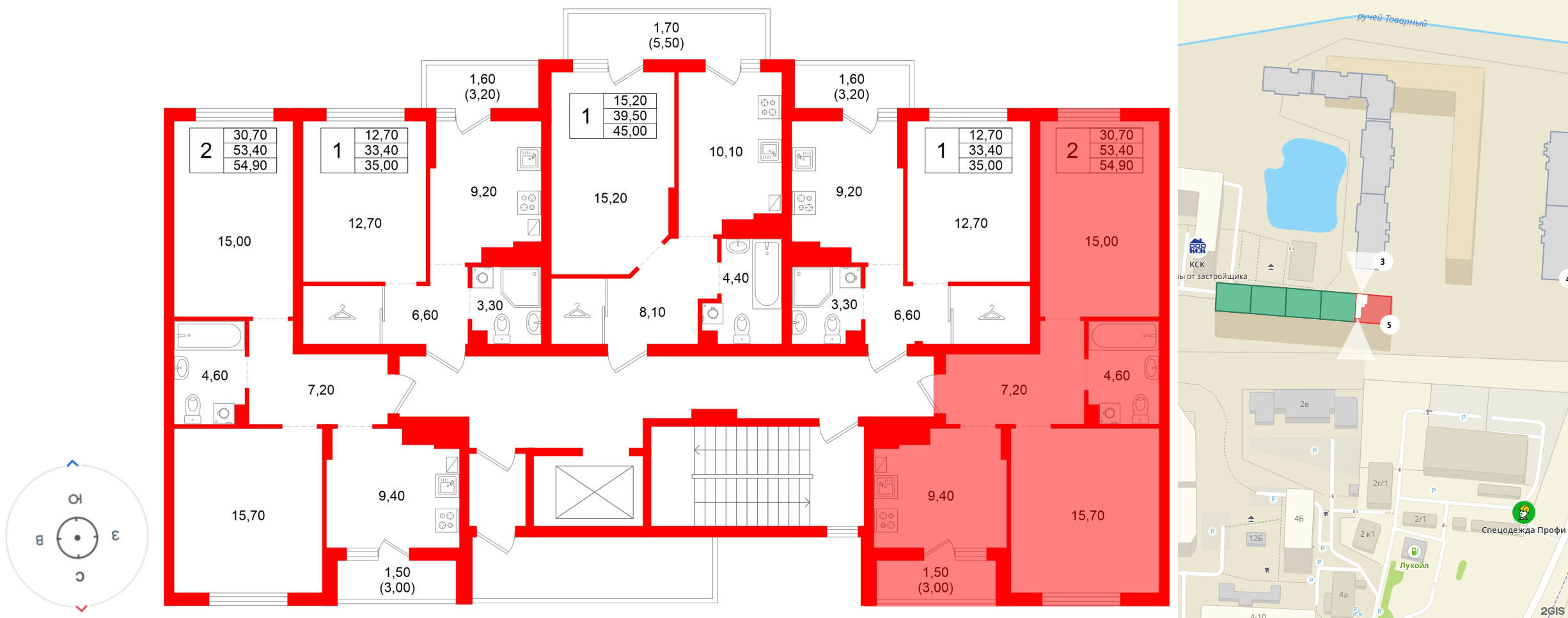 Квартира в ЖК Левада, 2 комнатная, 53.4 м², 9 этаж